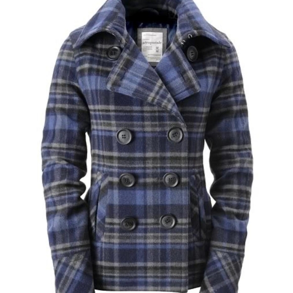 Aeropostale Women's Navy and Gray Plaid Peacoat - Picture 1 of 6